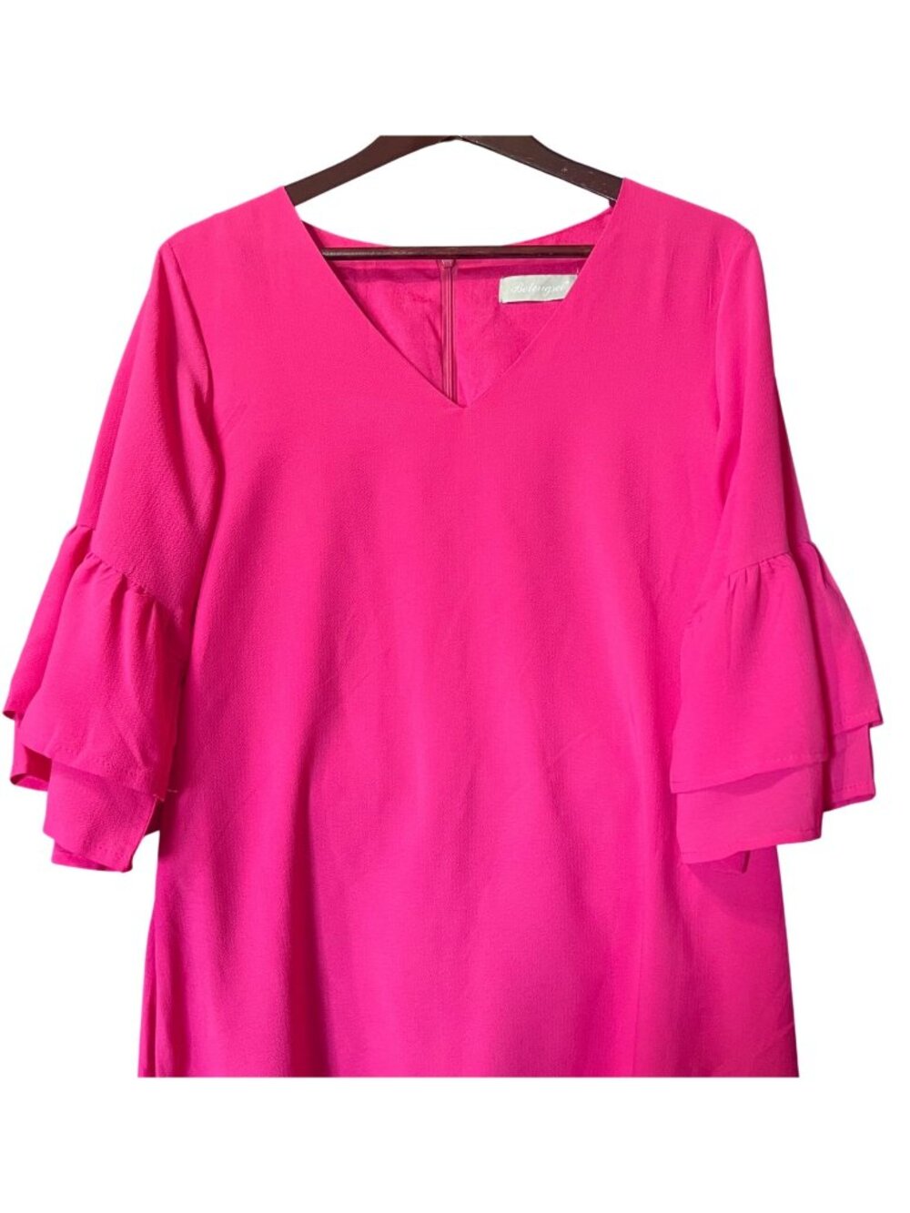 BELONGSCI Hot Pink V-Neck Shift Dress Tiered Bell Ruffle 3/4 Sleeve Womens M